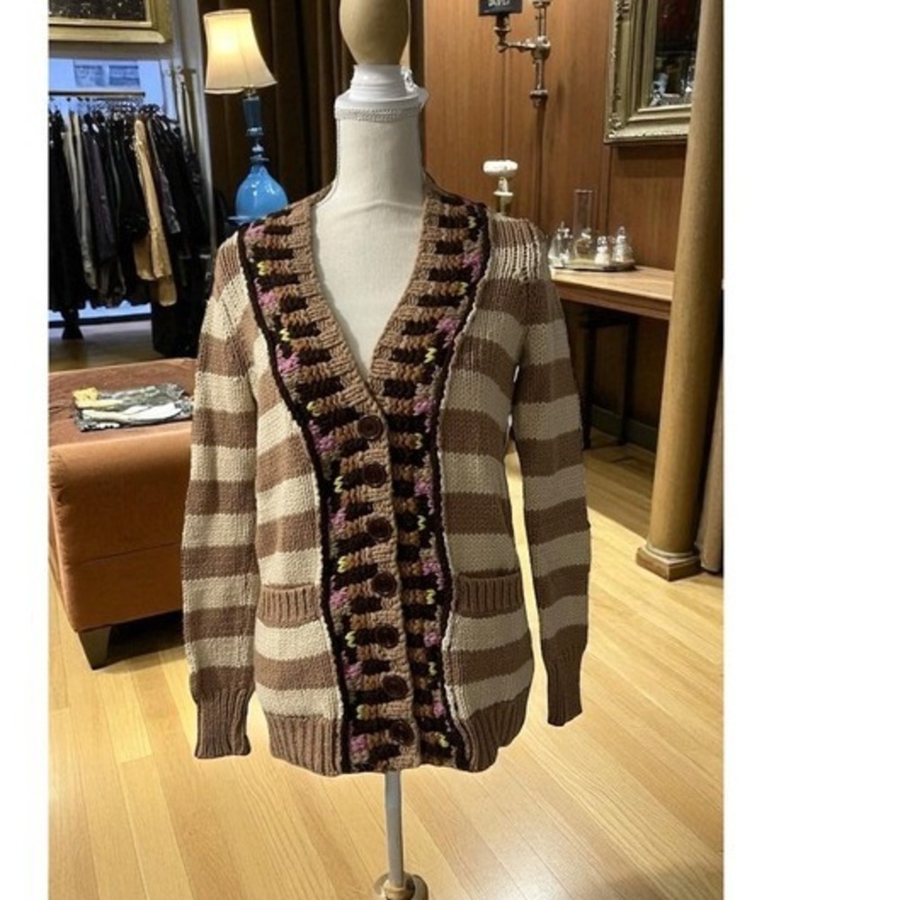 Sparrow Knit Striped‎ Cardigan Sweater Brown Beige Colorful Crochet Details S